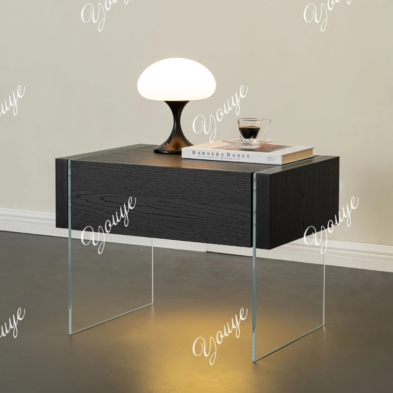 

Italian minimalist white transparent glass bedside table suspended bedside table modern simple bedroom bedside storage cabinet