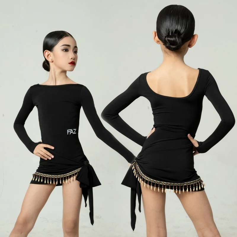 

Fashion Girls Latin Dance Competition Costume Children'S Ballroom Dance Clothes Kids Black Latin Top Taseels Skirt SL11954
