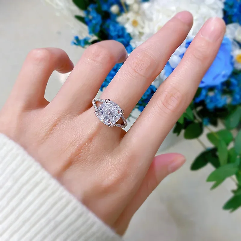 100% 925 Sterling Silver 10*10MM Crushed Ice Cut High Carbon Diamond Rings for Women Wedding Engagement Fine Jewelry