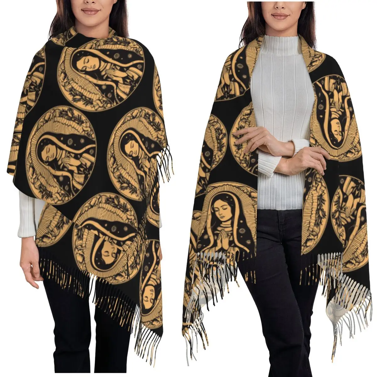 

Богоматери Гваделупской Мексиканский шарф Девы Марии Шарфы с кисточками Женские мягкие теплые шали и накидки Большая осенне-зимняя шаль