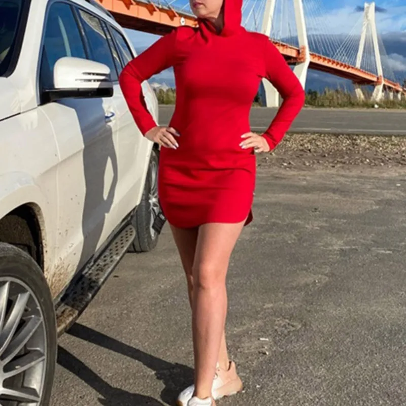 

Long Sleeves Hooded Wrap Mini Dresses Fashion Solid Hooded Maxi Dresses Women Elegant Casual Sleeve Slim Party Robes Streetwear