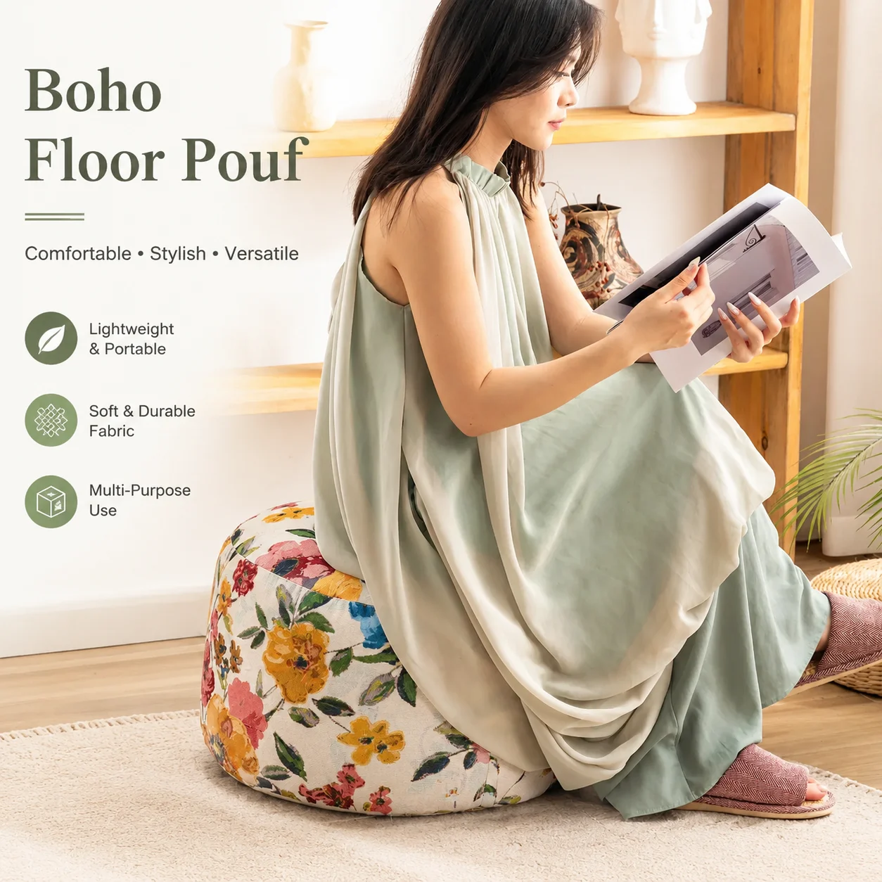 Bohemian Watercolor Iris Pattern Round Pouf | Removable Cover, Multi-Functional Footrest Seat