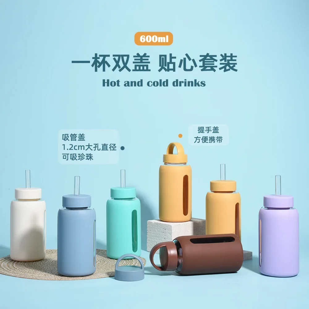 600ml Glass Cup, Double Lids,Silicone Sleeve,Anti-hot Heat Insulation,Large Capacity,Outdoor Portable,Graduated Water Bottle,Mug