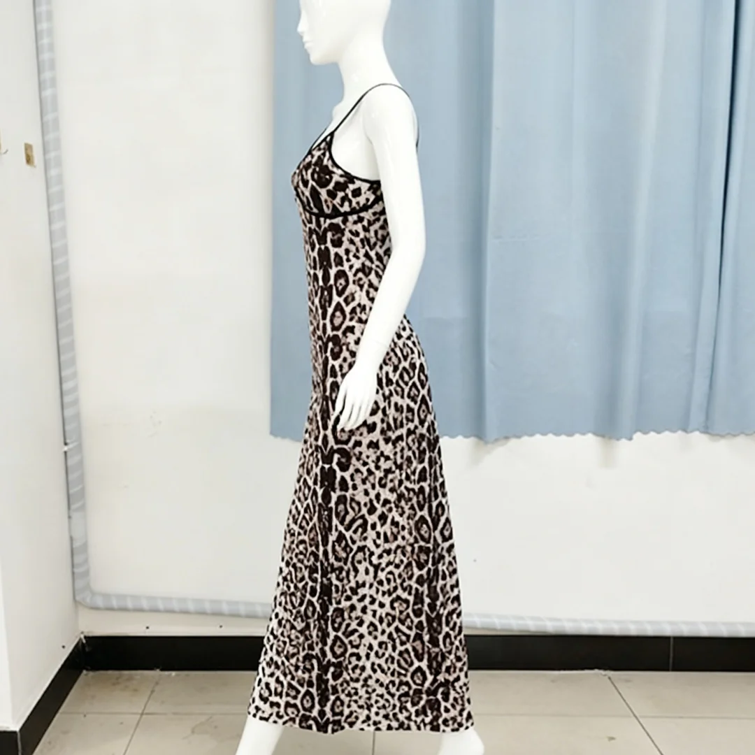 Women’s Leopard Print V Neck Backless Cami Dress Summer Elegant Maxi Long Dress Trendy Outfit For Vacation Night Events