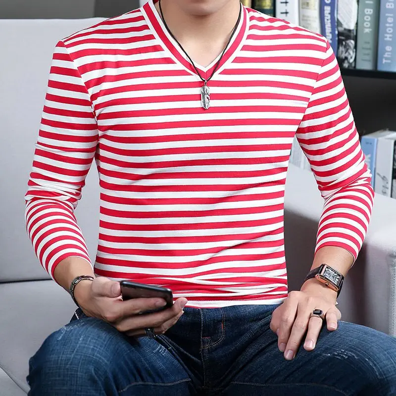 Fall Winter Men's Cotton Striped V Neck Long Sleeve Tee Slim Fit Base Layer Top