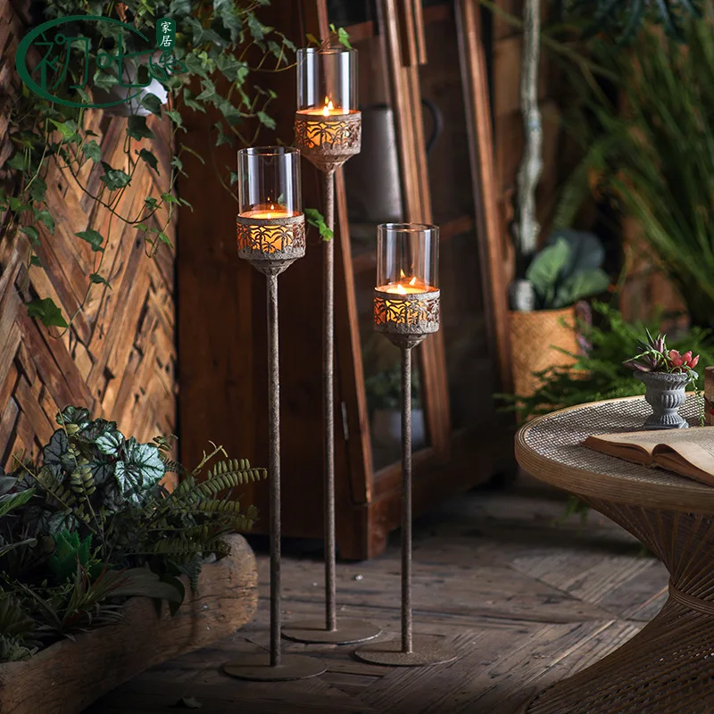 American retro windproof floor candle holder wrought iron old handicrafts candle holder foreign trade atmosphere decoration
