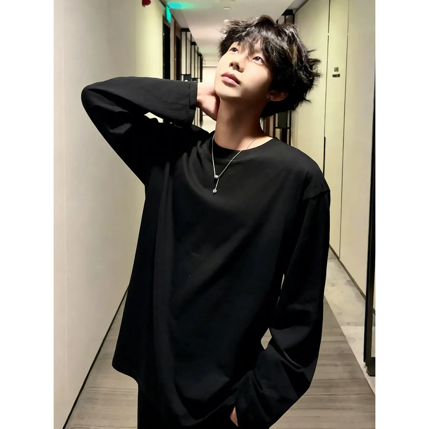 Men's Black Heavyweight Pure Cotton Long Sleeve T-Shirt Fleece Lined Base Layer Shirt Cleanfit round Neck Sweatshirt