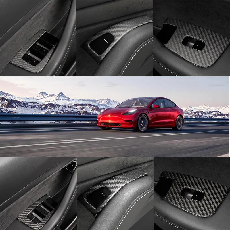 Real Carbon Fiber Car Windows Control Panel Cover Stickers Moulding Trim Auto Styling Accessories For Tesla Model 3 Y 2023 2022