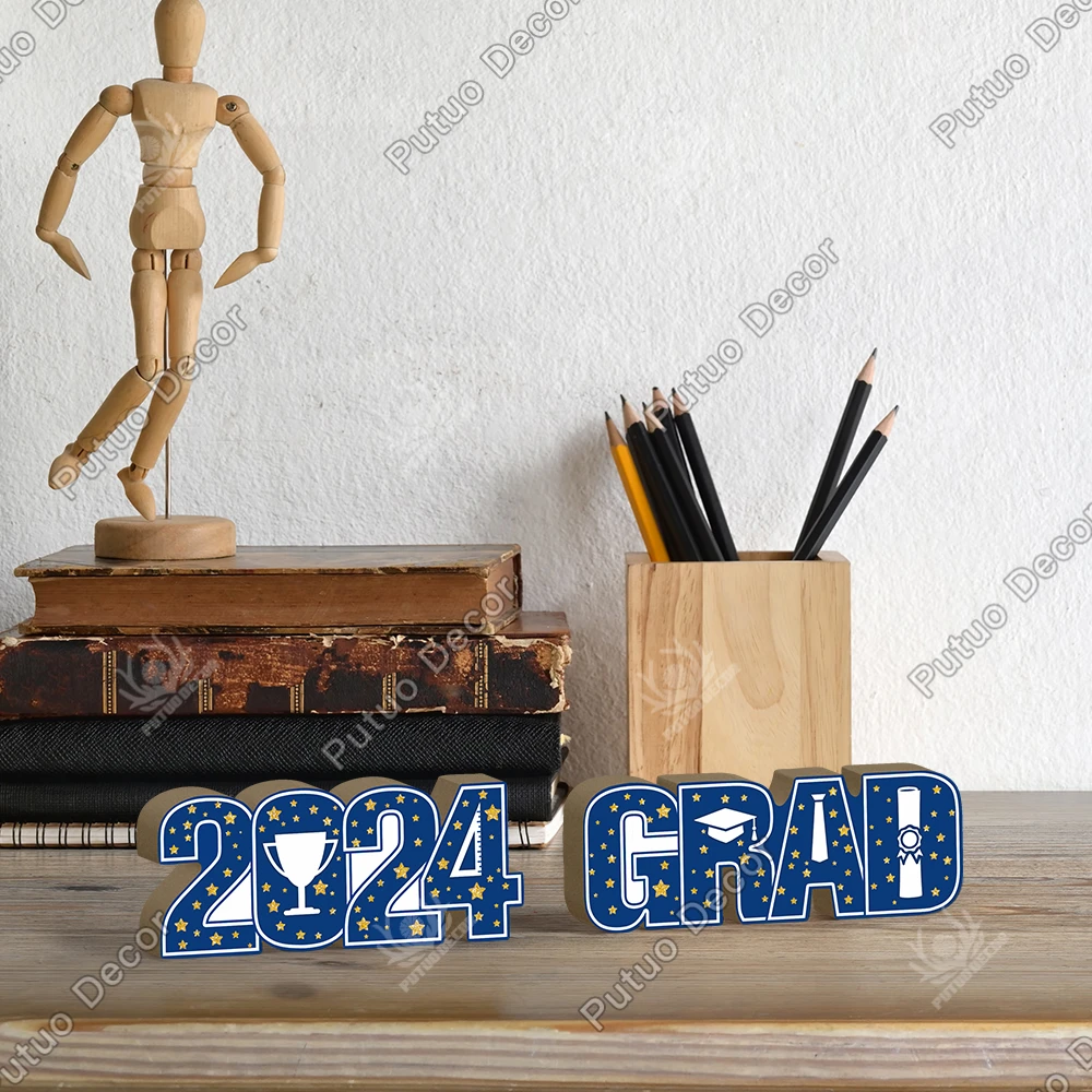 

Putuo Decor 2pc Blue wooden table decoration, graduate 2024, family living room dormitory desktop decoration, graduation season