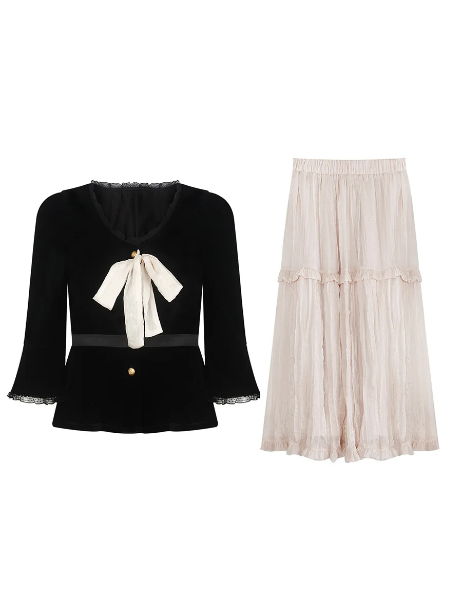 

Retro Sle Velvet Jaet Top And High Waist Skirt Set Heavy Embroidery Slimming Effect Faionable Autumn Outfit for Women