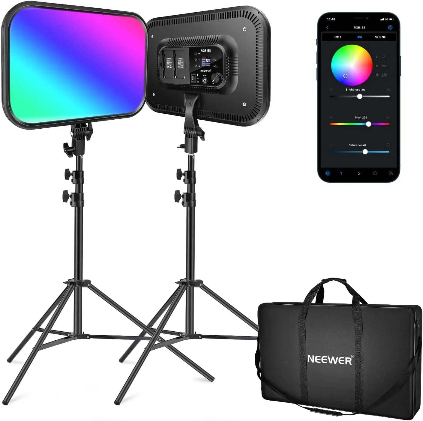 Pannello video LED RGB da 18,3" con controllo app, kit supporto da 2 pezzi, 360 °   Full Color/2500K~8500K/CRI97+/17 Effetti scena, 60W RGB