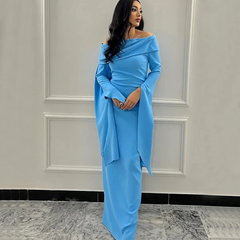 

Arya Blue Evening Dress Off the Shoulder Long Sleeves Straight Floor Length Jersey Women Simple Customized Formal Party Gowns