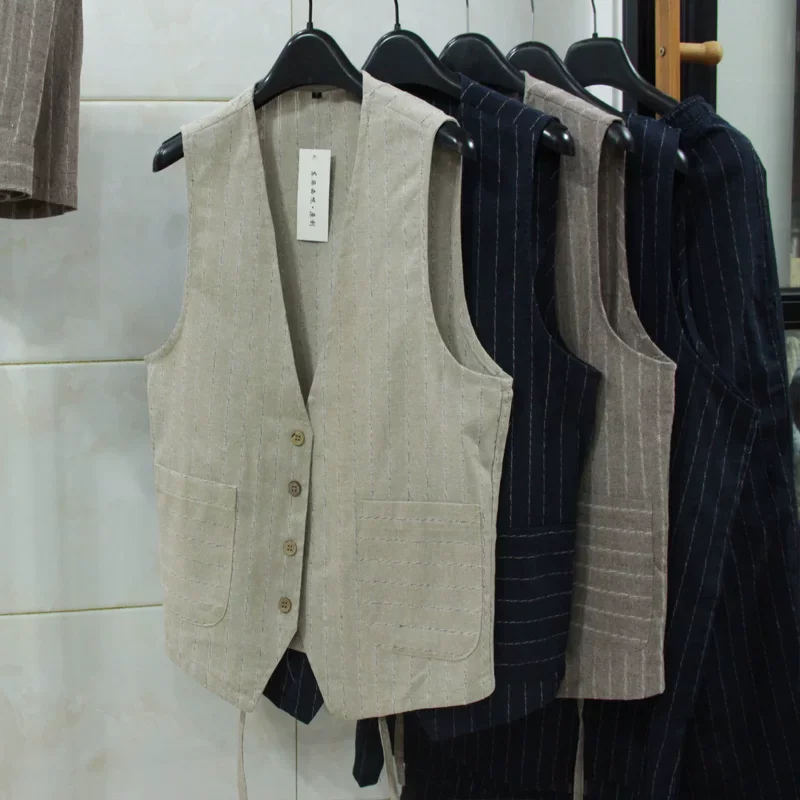 British Casual Linen Vest for Men Slim Fit Business Suit Camisole Professional Vest Cotton Linen Sleeveless Formal Wear