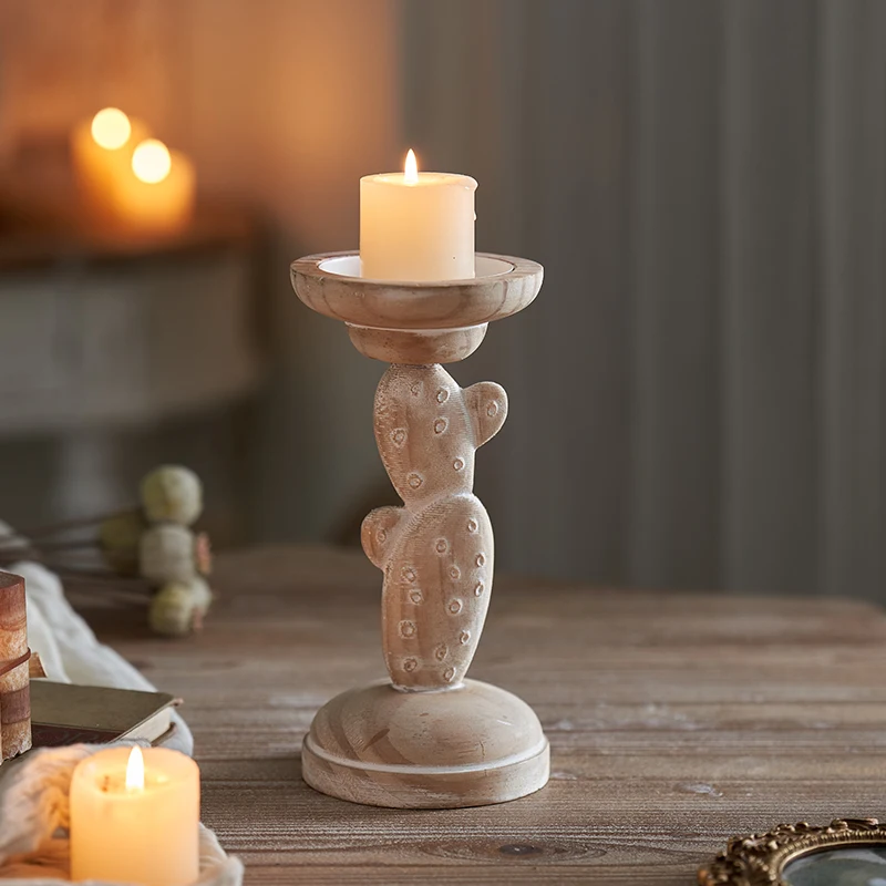 KES Farmhouse Handicraft Wooden Candle Stand Holder for Home Decor Valentine's Day Living Room Table Centerpiece