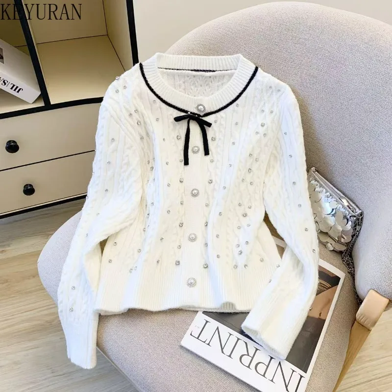 

Elegant Bowknot Twists Knitted Cardigan Women's Autumn Winter New Korean Sweet Round Neck Long Sleeve Diamonds Sweater Coat Tops