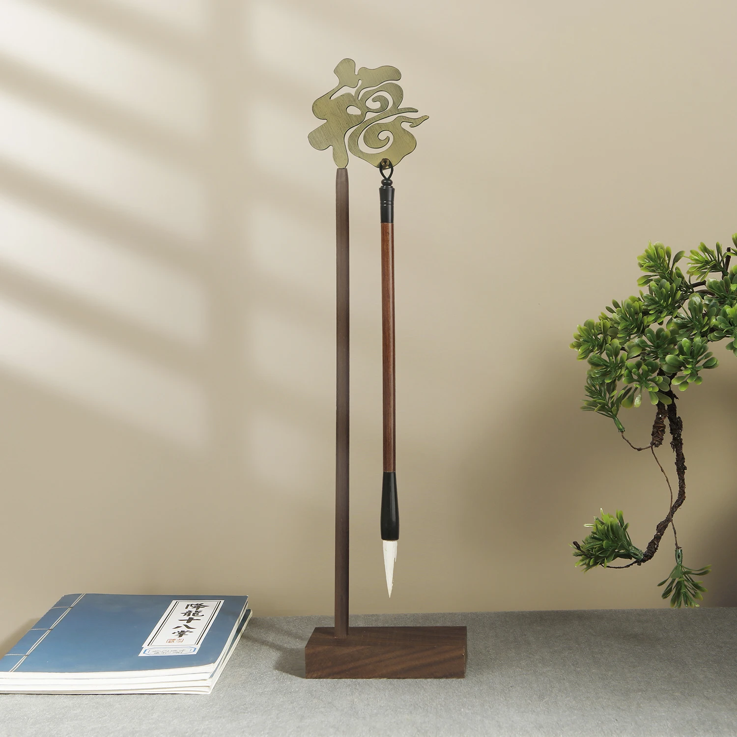 Chinese Fu Brush Pen Holder with Wooden Base Calligraphy Rest Ink Hanger Metal Writing Brush Holder School Stationery