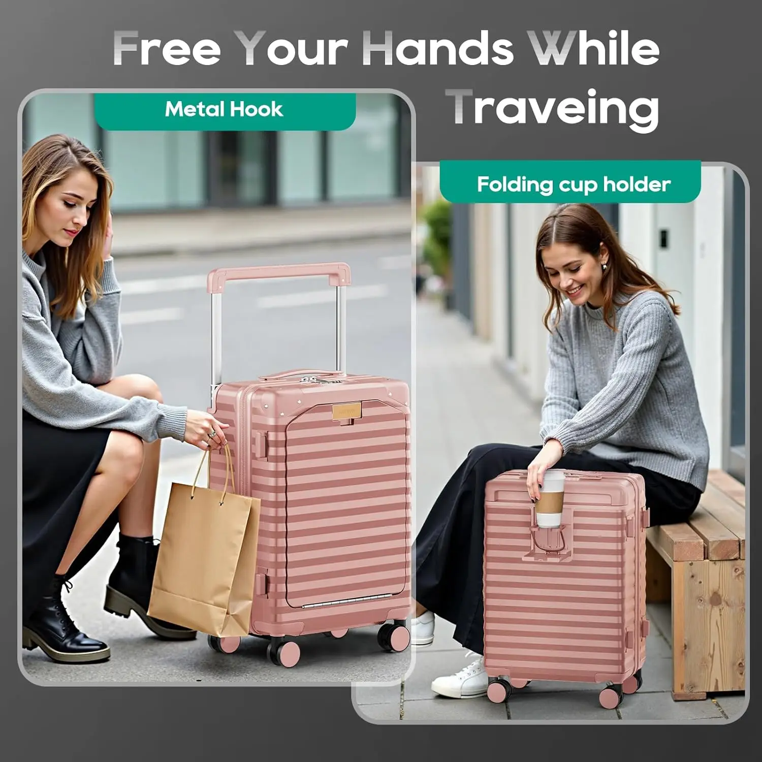 Maleta de mano rígida de 20 pulgadas con puerto USB, bolsillo frontal y portavasos: equipaje de viaje ligero para viajes aéreos