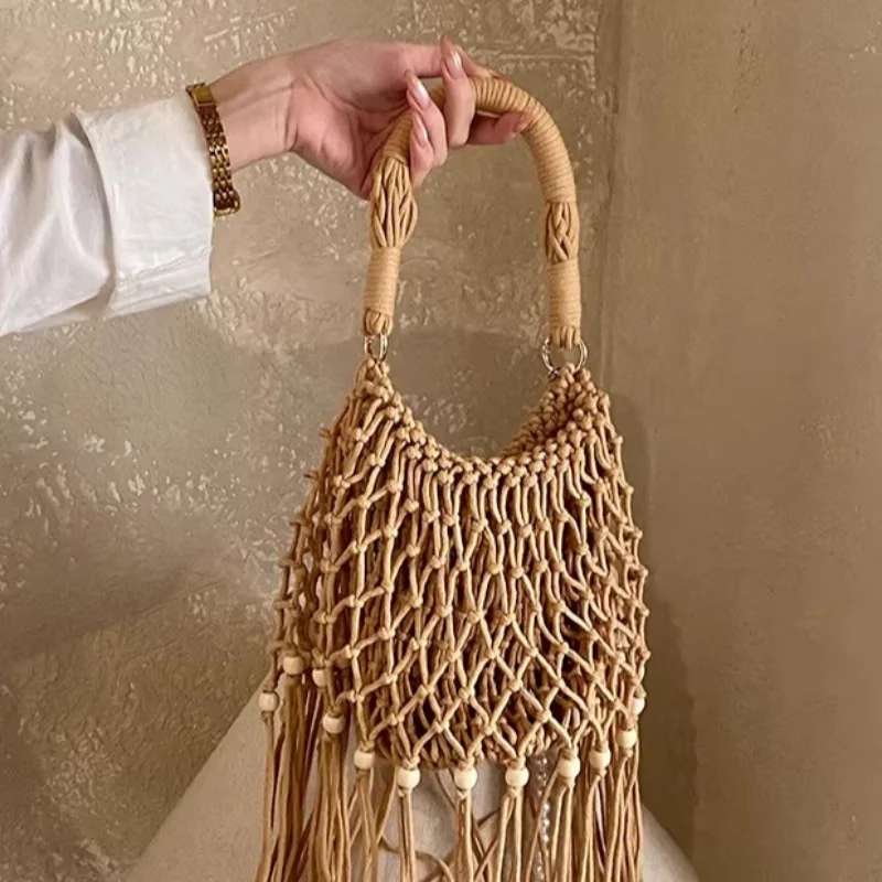 

Bohemian Crochet Net Bag With Tassels Pearl Chain Hollow Out Woven Handbag Versatile Crossbody Shoulder Bag For Beach Vacation