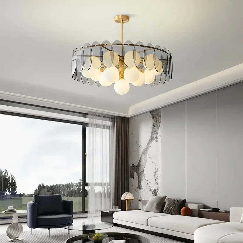 Luces colgantes LED de cristal, Bombilla G9 de cobre, forma redonda, moderna, blanco y gris, lámpara colgante de latón para salón, comedor y dormitorio