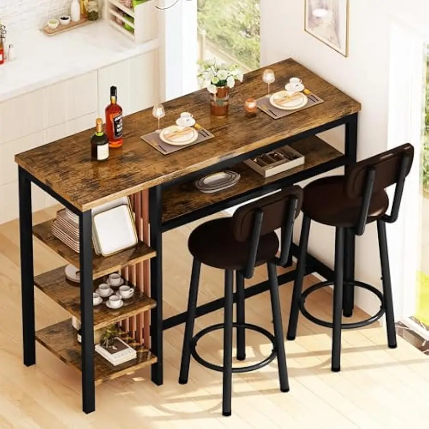 Recaceik Counter Height Dining Set - Bar Table and 2 Upholstered Stools with Storage Shelves, Kitchen Breakfast Nook Pub Set