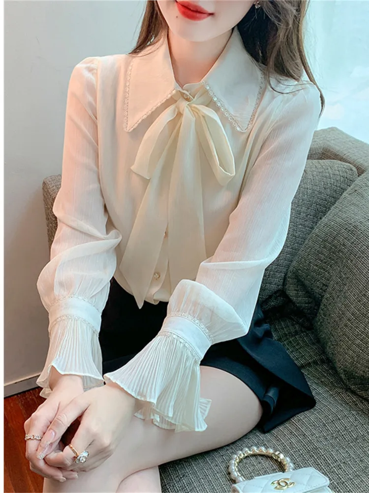 #3238 White Chiffon Office Shirts Blouse Women Turn-down Collar France Style Flare Sleeve Women Shirts Thin Sexy Vintage Spring