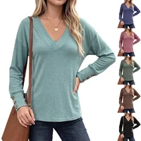 Women's V Neck Long Sleeve Tunic Top Loose Fit Drop Shoulder Tee with Button Cuff Detail Casual Basic Blouse