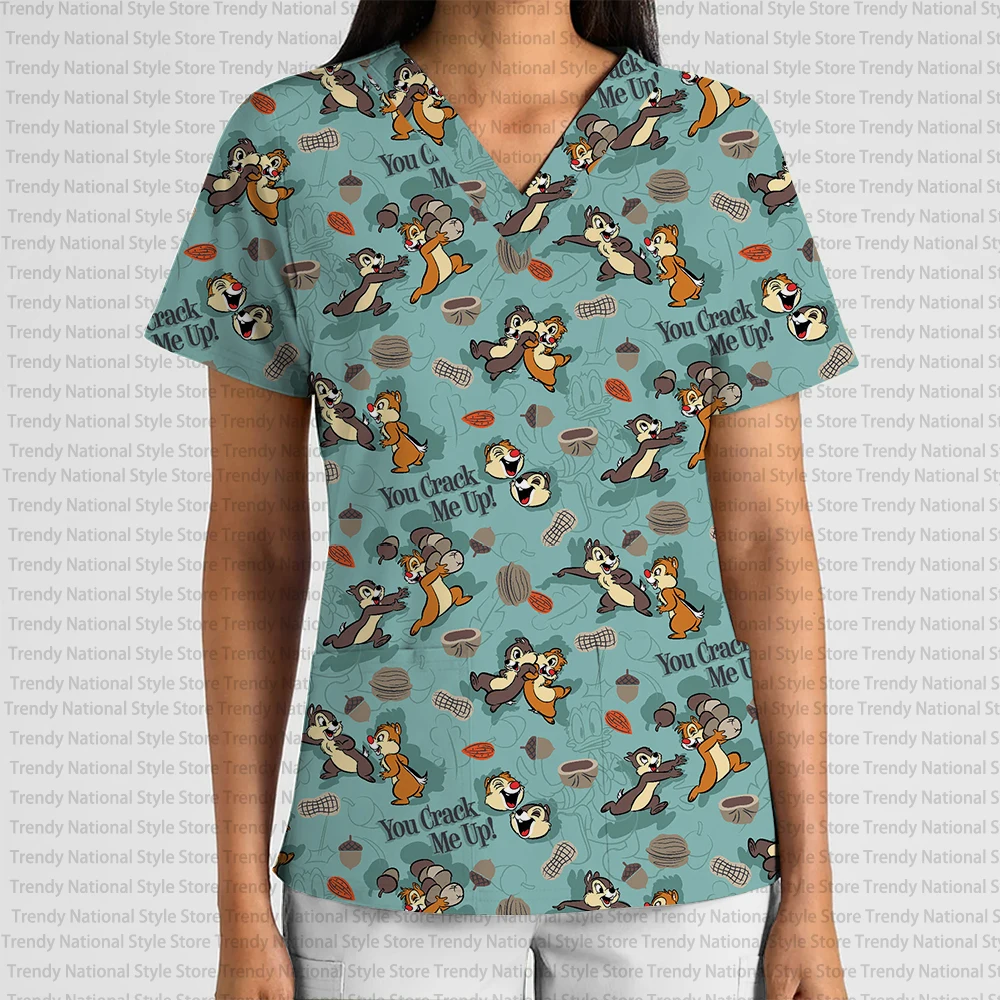2025 New Summer Disney Cartoon Print Women's Work Uniform V-Neck Pocket Scrub Top Dental Pet Shop Beauty Salon T-shirt