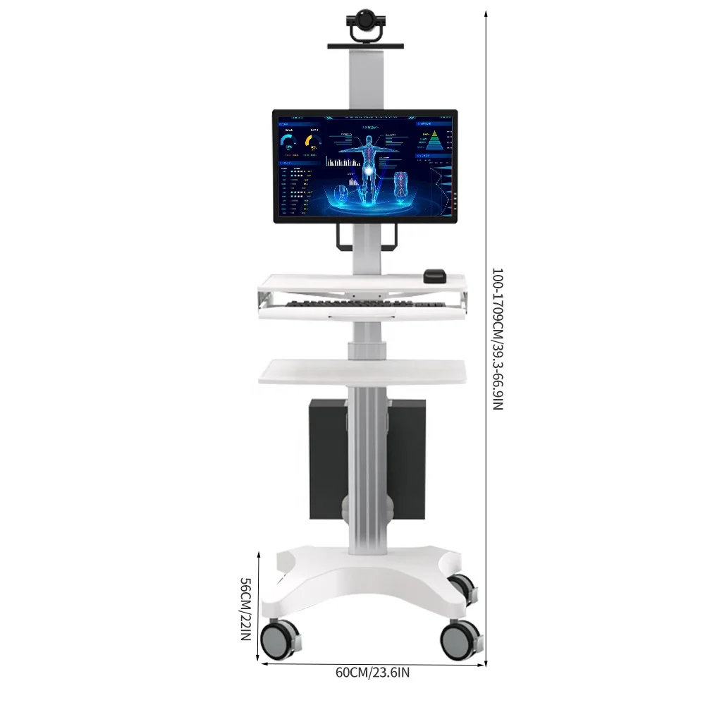 Medical Trolley With Monitor Mount Adjustable Move Computer Cart Workstation For Hospital Home Office School