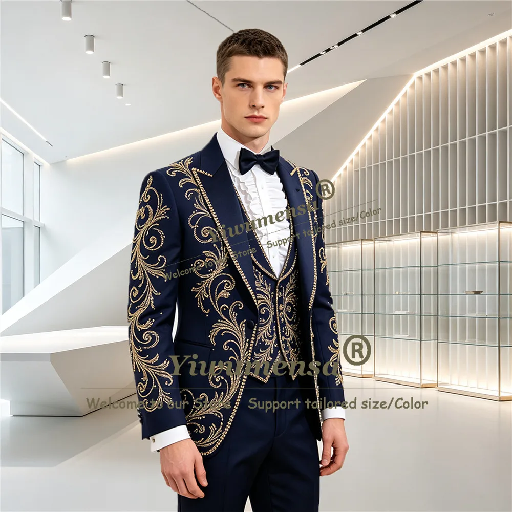 Exclusive Crystals Beading Suits Men Slim Fit Navy Blue Prom Blazer Customized Groom Formal Wear Wedding Tuxedo Terno Masculinos