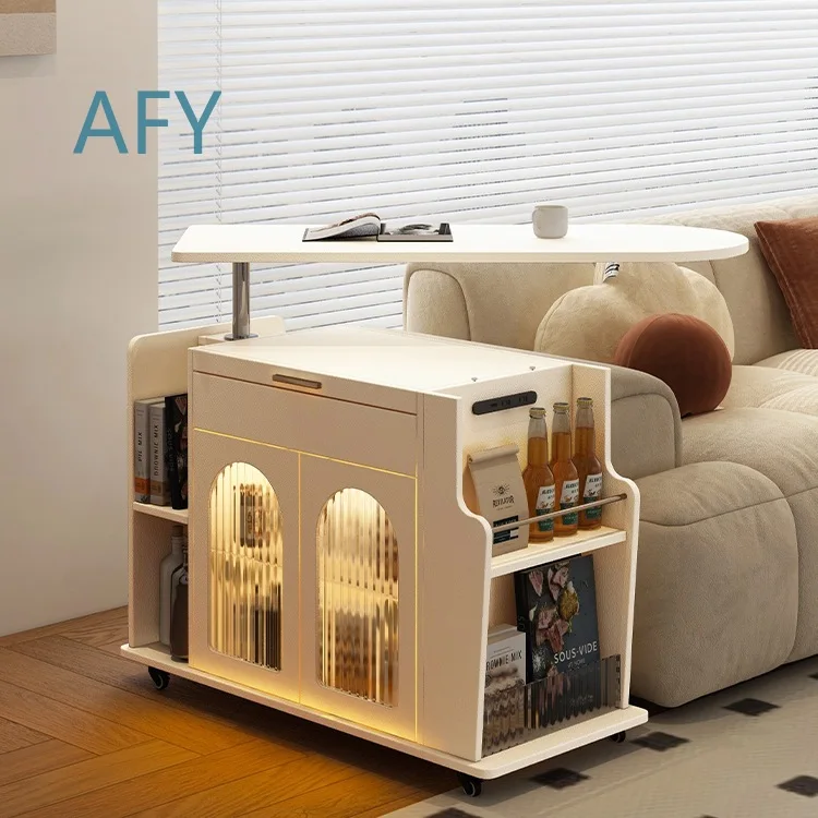 Lift Top Coffee Table for Small Spaces Modern Minimalist Cream Color Convertible Desk and Tea Table with Casters for Sofa