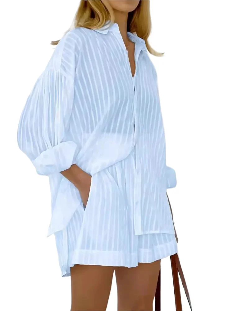 2024 봄 여름 솔리드 코튼 반바지 투피스 세트 여성 스트라이프 긴팔 셔츠 반바지 투피스 세트 심플 스타일 여성 정장