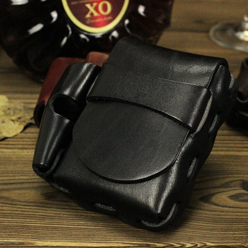 Handmade Leather Cigarette Case with Lighter Storage Portable Smoking Holder Cowhide Waist Bag for 20 Sticks