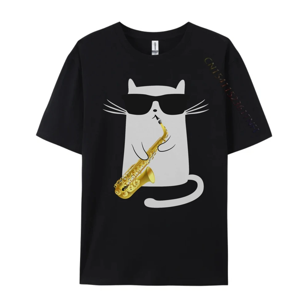 Funny Cat Saxophone Music Wholesale Tshirts 100 Pcs T Shirt Mens Gifts Print Camisetas De Hombre Casual