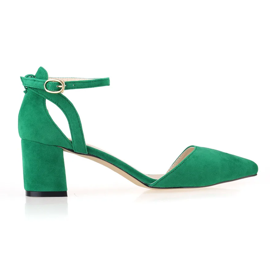 2025 Pointed Flock Women Sandals Concise Buckle Thick High Heels Ladies Office Shoes Red Yellow Hollow Dress Wedding Woman Pumps