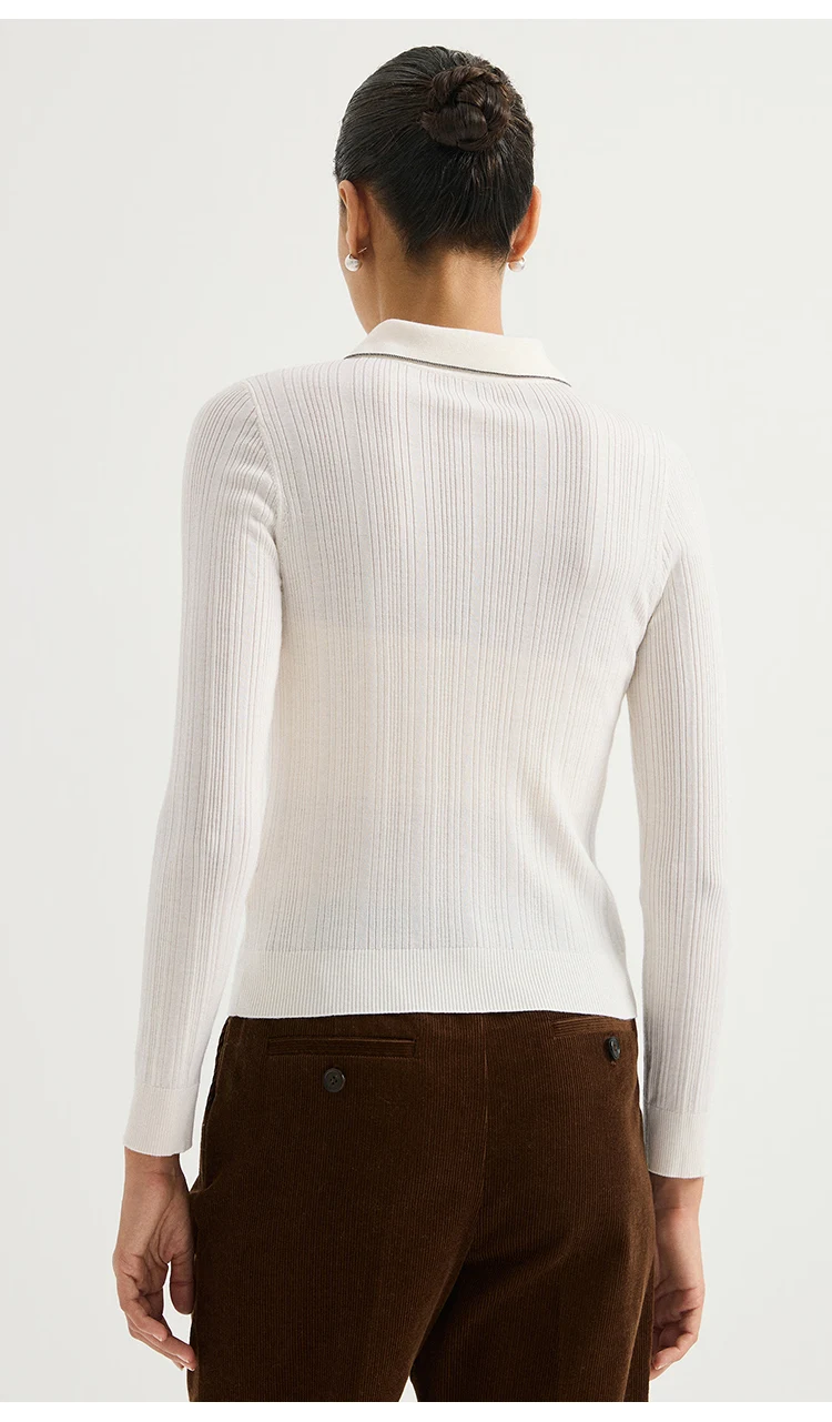 BY3621708 Damen-Strickjacke mit Polokragen, 100% Wolle, strukturiert, gerippt, lange Ärmel, Kragen mit Kettenverzierung, Kunstharzknöpfe, dezenter Luxus für den Herbst – Detail 6