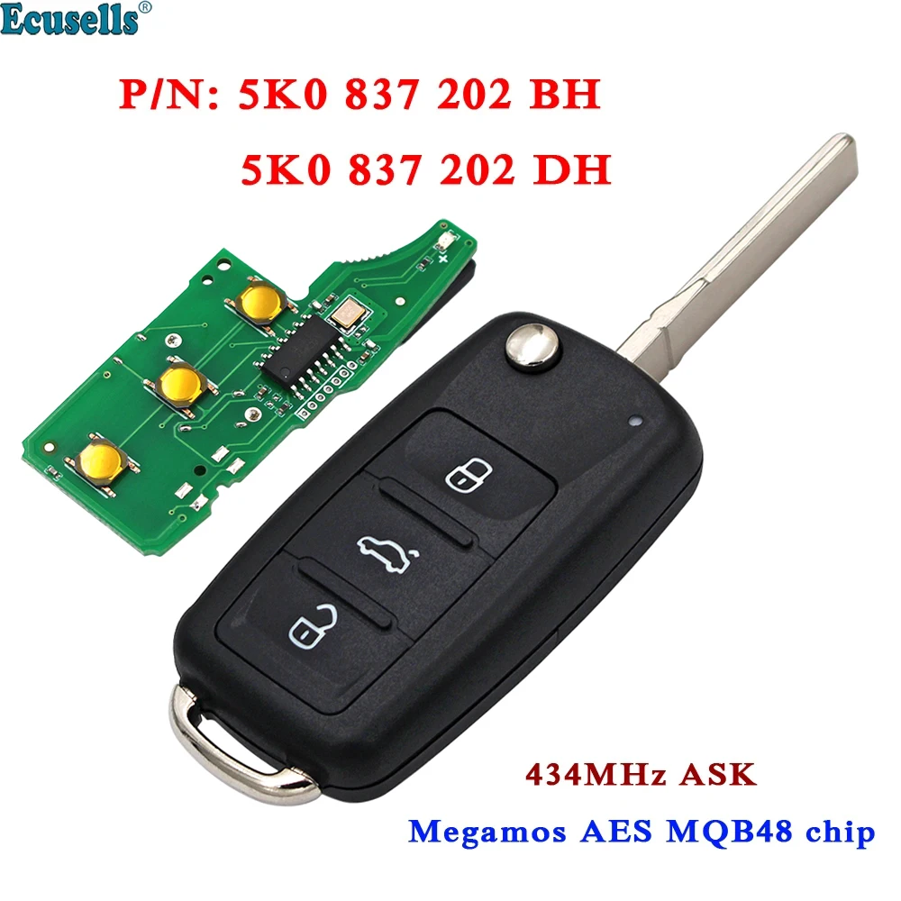 

5K0837202BH 5K0837202DH 3 Buttons MQB Remote Key Fob for V-W Caddy Transporter Beetle Jetta Sharan Scirocco Polo Tiguan