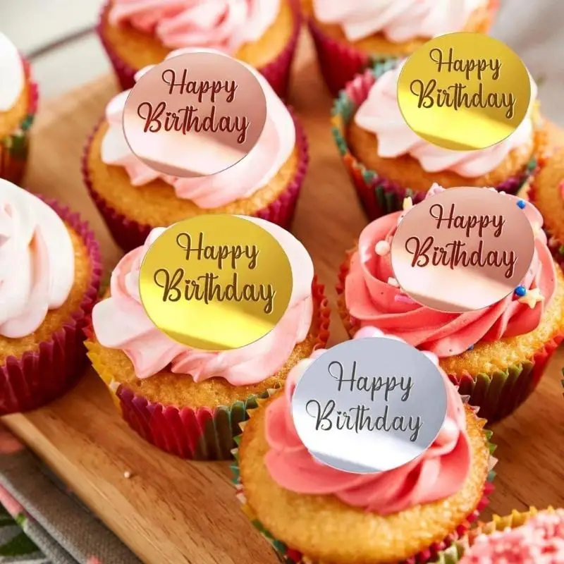 

E8BD 10 Pcs Happy Birthday Acrylic Cupcake Toppers Round Mirror Engraved Cake Toppers Decorations Acrylic Cake Charm Disc