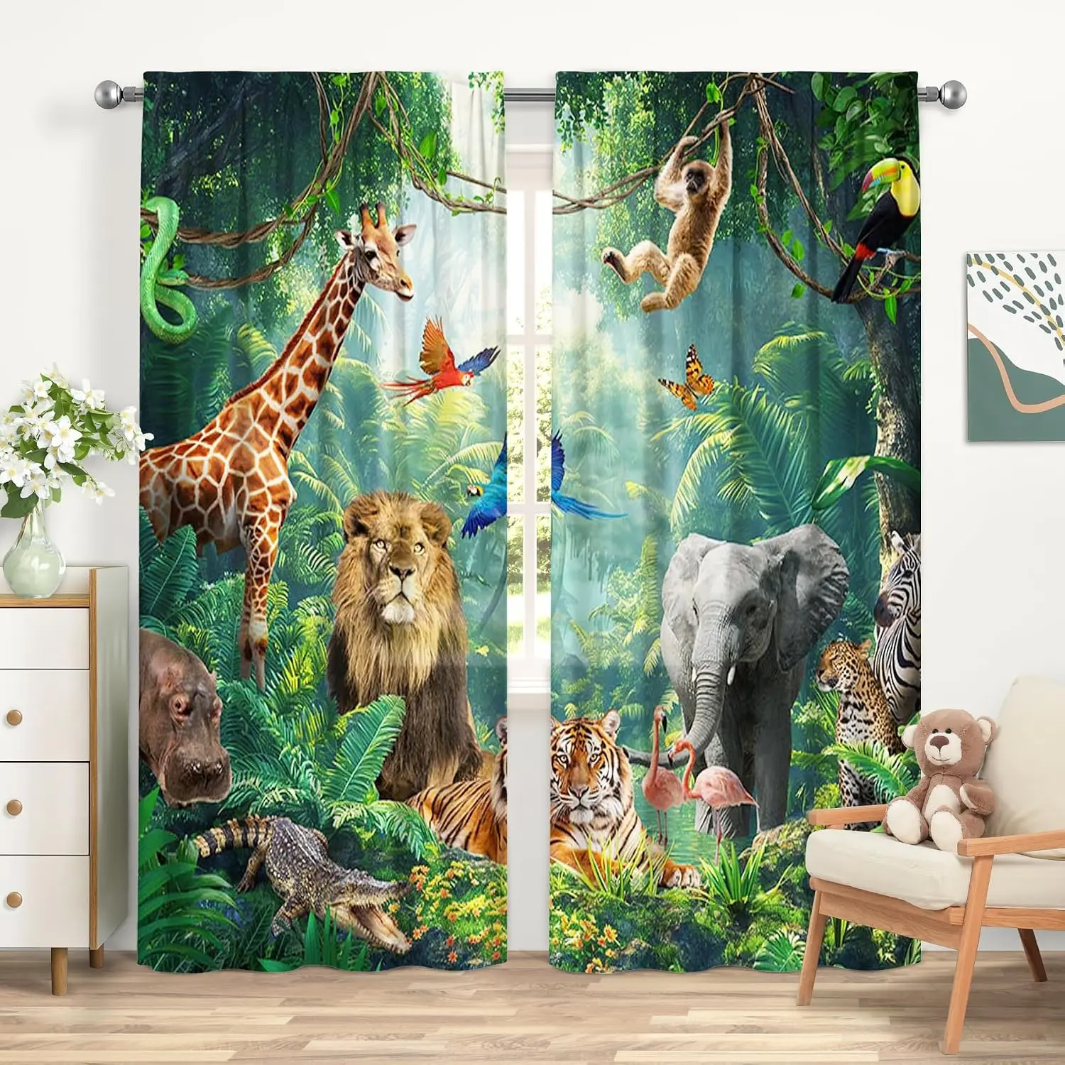 Jungle Animal Curtain Panels, Tropical Rainforest Wild Lion Giraffe Elephant Tiger Print Drapes Kids Bedroom Window Home Decor