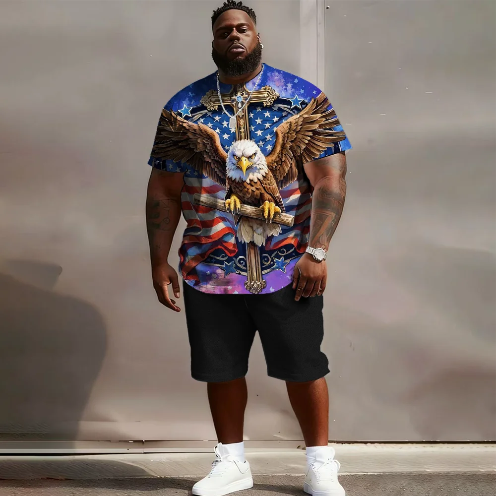 

Мужской комплект с короткими рукавами больших размеров S-9xl: Eagle-Chic Vibe — 2 предмета большого и высокого кроя, мягкая дышащая ткань,