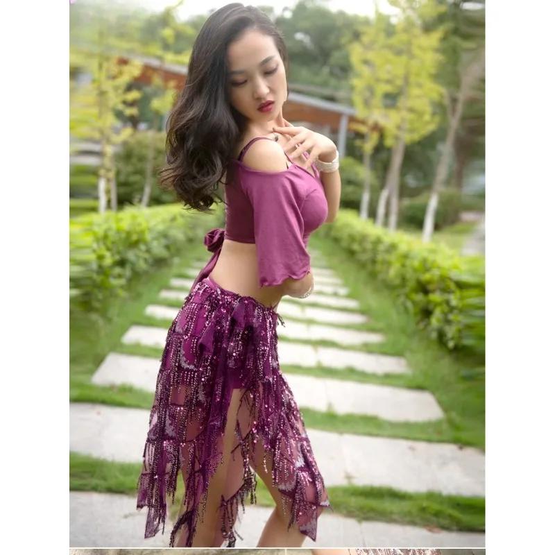 Customized New Belly Dance Costume Practice Top and Practice Dress Set with Tassel Shining Hip Scarf Skirt Performance Dress