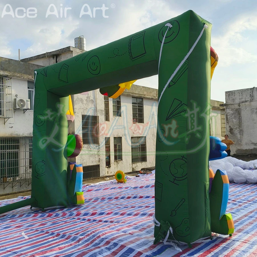 Arco de lápis verde inflável impresso personalizado, decoração de portão de loja de papelaria, portão de sinal 3d com elemento de aprendizagem
