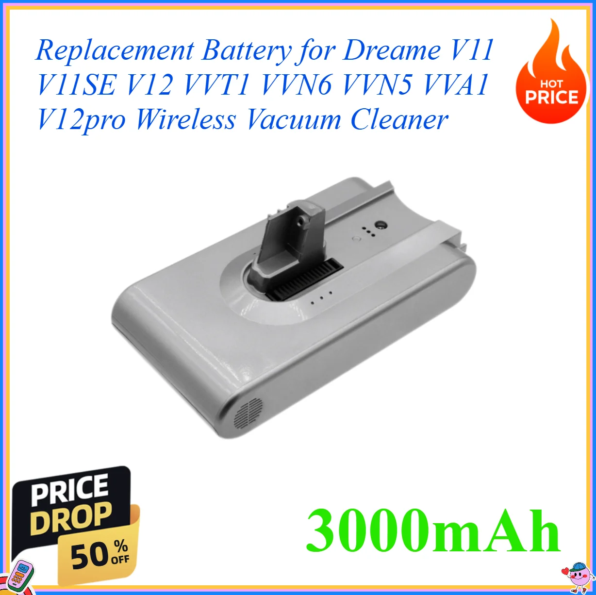 3000mAh Replacement Battery for Dreame V11 V11SE V12 VVT1 VVN6 VVN5 VVA1 V12pro Wireless Vacuum Cleaner