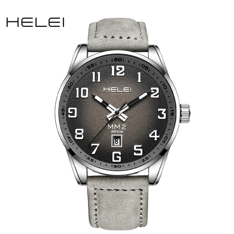 HELEI Fashion new sports casual quartz watch date genuine leather luminous strap men\'s wristwatch