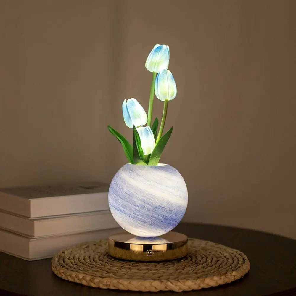USB Rechargeable Tulip LED Night Light Touch Dimmable 3-Color Changing USB Rechargeable Desk Lamp Artificial Flower Design