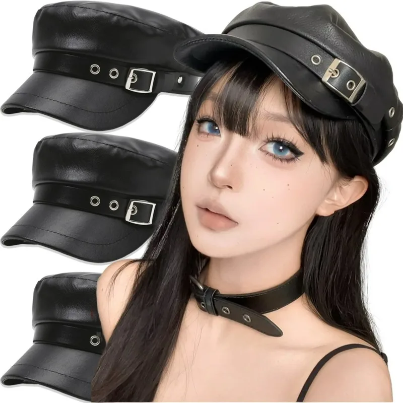 قبعة من جلد البولي يوريثان للنساء على الطراز البريطاني العتيق مع إبزيم معدني قابل للتعديل للجنسين قبعة موزع الصحف إكسسوارات عصرية