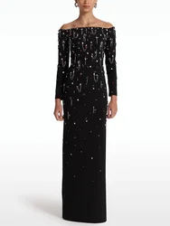 TOP QUALITY Newest 2026 Designer Fashion Women's Slash Neck Off The Shoulders Beaded Long Maxi Dress