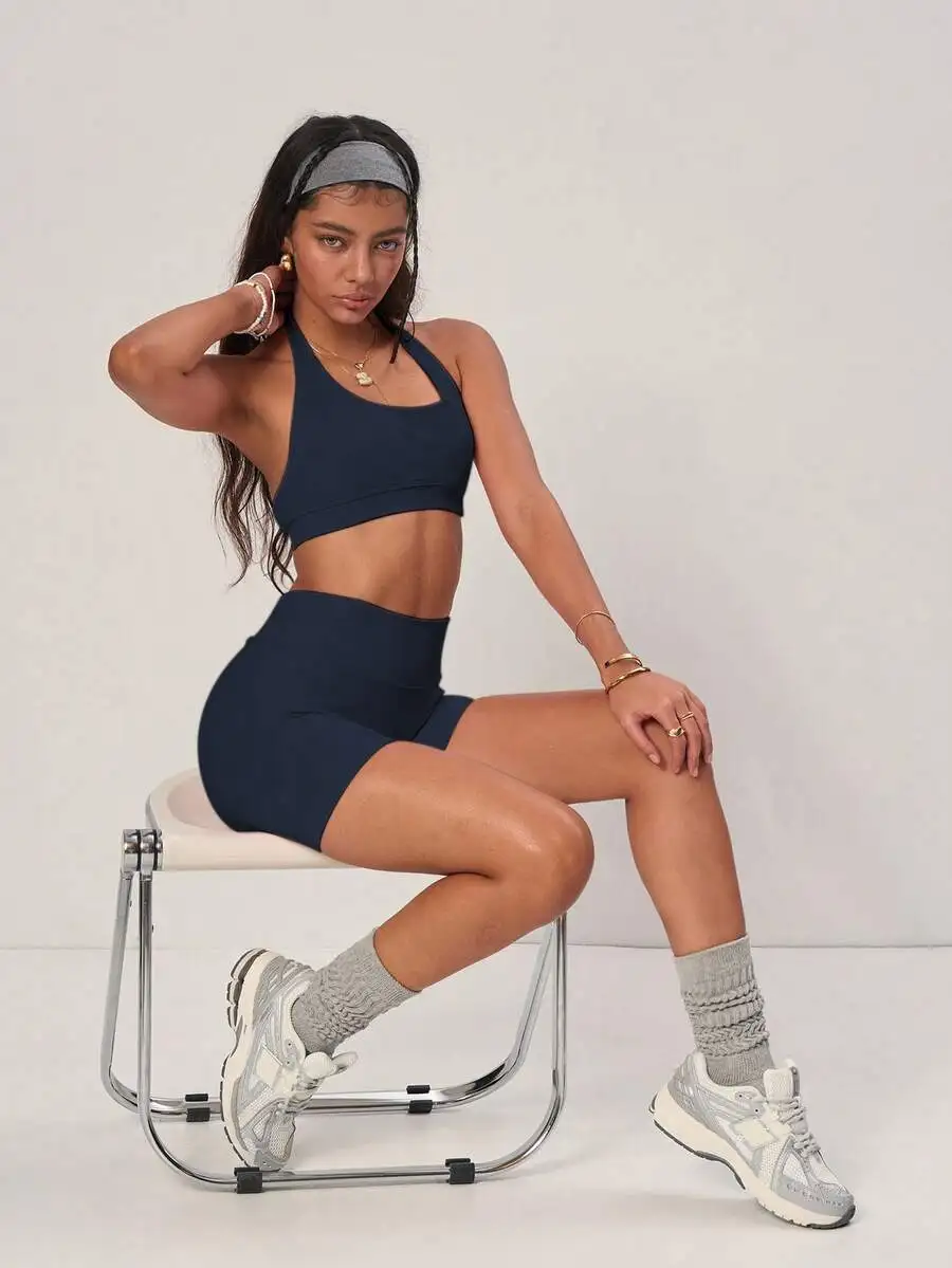 

Ribbed Backless Camisole And High Waist Cycling Shorts Set For Yoga Sports