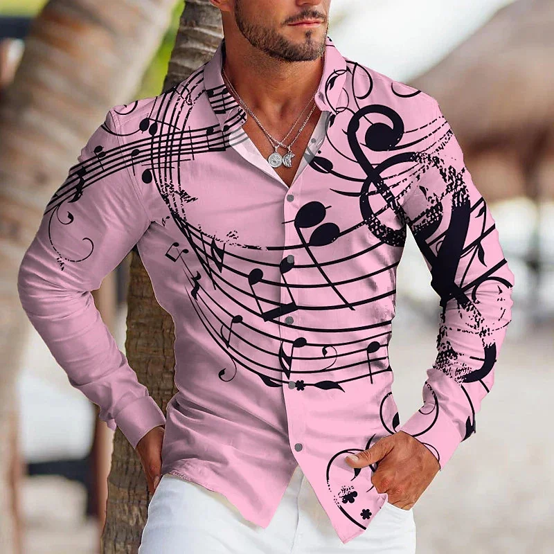 

2023 New Men's Creative Music Fashion Luxury HD Graphic Stand Collar Lapel Long Sleeve Shirt Designer Design Music Note Top