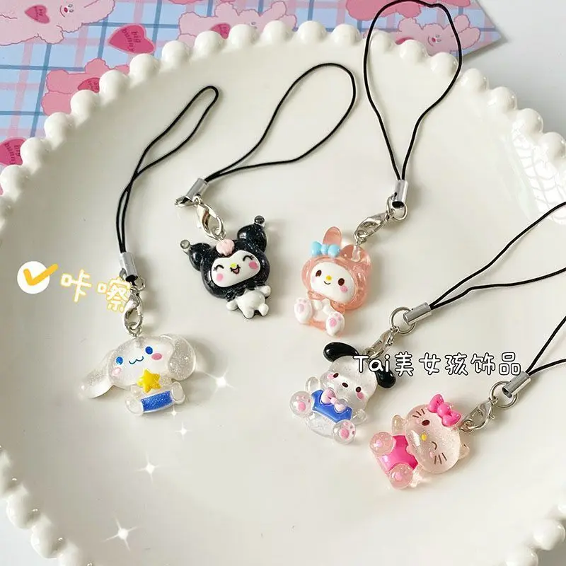 Sanrio Hellokitty Mymelody Pachacco Kuromi Cinnamoroll Purin colgante para teléfono móvil, llavero para amantes, accesorios de cuerda