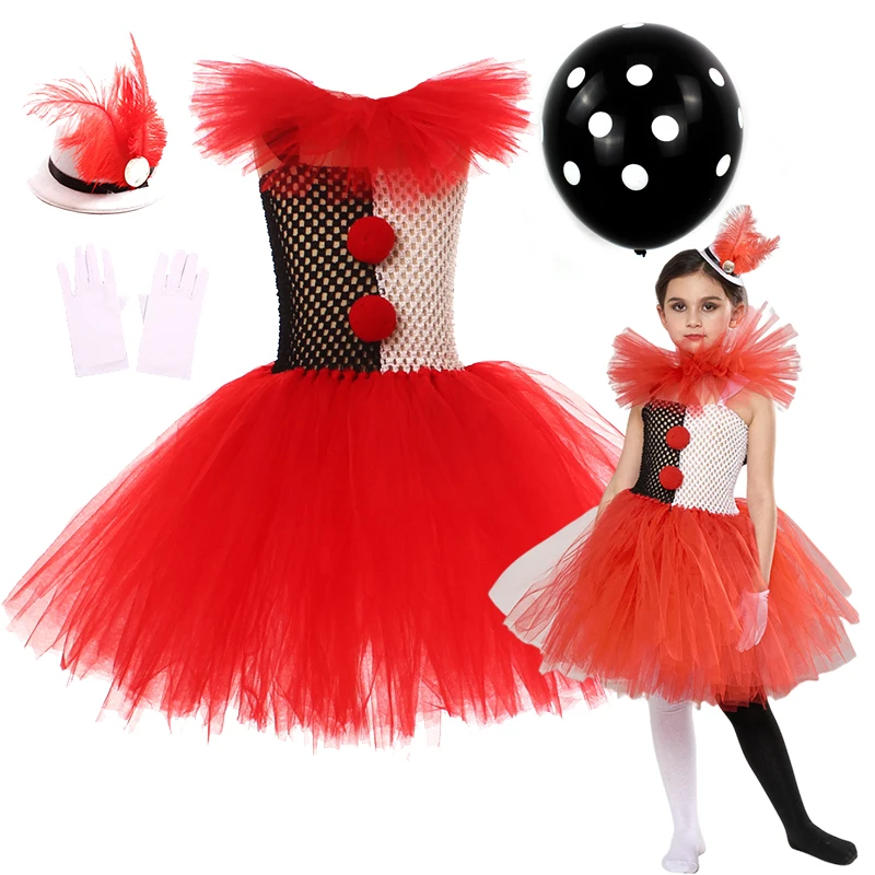 

2024 Cosplay Creepy Clown Dress for Girls Kids Gray Joker Halloween Costume Tutu Dress Creepy Clown Party Cosplay Ball Gown